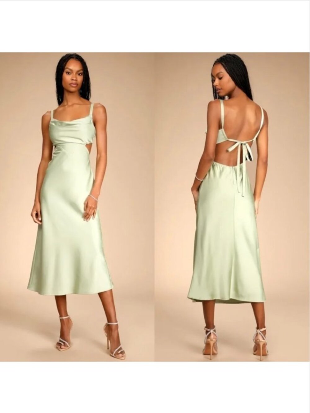 Lulu's Sage Green Satin Gown with Cowl Neck & Side Cut-Outs